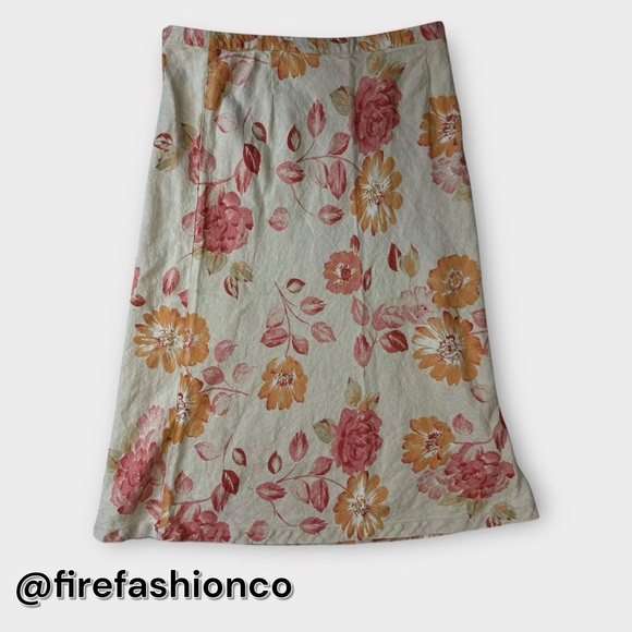 Eddie Bauer Floral A-Line Linen Skirt Large 12 Boho Hippie Tan Red Orange Fall - Picture 2 of 11